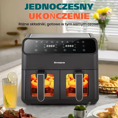 Immagine prodotto di Friggitrice ad aria - Doppia cesta - 9 litri - Senza olio - Controllo touch LED - Finestra trasparente - 220–240 V