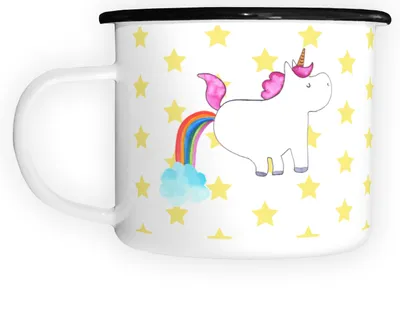 Produktbild von Mr. & Mrs. Panda Camping Tasse Einhorn Pupsen - Weiß - Geschenk, Pups, Emaille, Pott, Haferl, Regenbogen, Lustig, Teetasse, Teebecher, Spaß, Glitzer, Aus, Deko