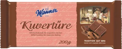A Manner Kuvertüre chocolate bar wrapper with an illustration of a historical bakery scene.
