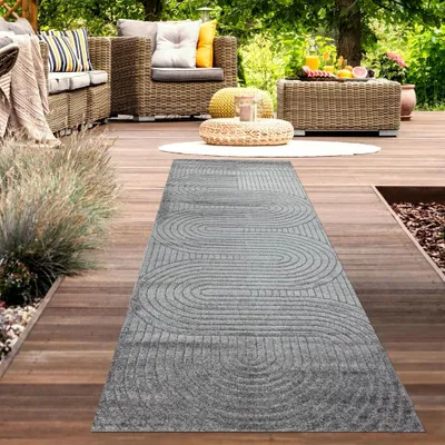 Produktbild von Moderner Outdoor Teppich Wetterfest Terrasse Balkon Boho-Style hochwertig pflegeleicht Anthrazit Größe - 80 x 250 cm