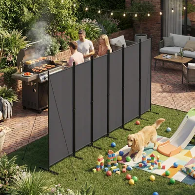 Produktbild von FIVMEN Paravent Outdoor wetterfest mit Heringen und Abspannleinen,Klappbar Freistehend Trennwand ohne Bohren,mobiler sichtschutz für Garten Balkon terrasse,6 Teilig 300 x 180 cm Dunkelgrau