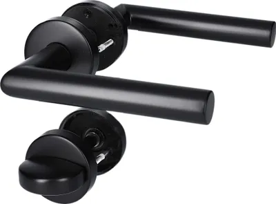 Two black door handles with mounting plates and screws are shown against a white background.