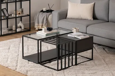 Produktbild von Skye Decor, Hochwertiger Couchtisch, Schwarz, 90 x 37 x 90 cm | 100% melaminbeschichtete Spanplatte, Metallbeine | Modernes, industrielles Design, ideal für Ihr Zuhause.