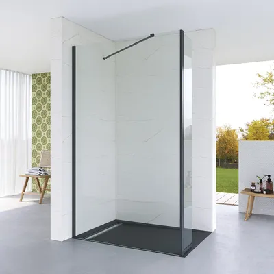 Produktbild von Walkin Dusche Duschwand mit Spritzschutz schwarz matt,120x200cm,mit Verstellbereich,8 mm Einscheiben-Sicherheitsglas (ESG),Lotuseffekt,Montage auf dem Boden oder auf der Duschwanne