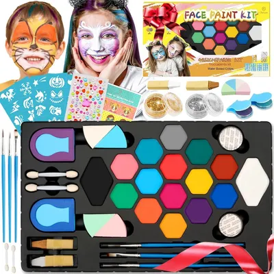 Produktbild von Professionelles Kinderschminke Set für Fasching: 16+2 Schminkfarben, 32 Schablonen, 116 Strasssteine, Haarkreide - Komplettset für Kinder Karneval