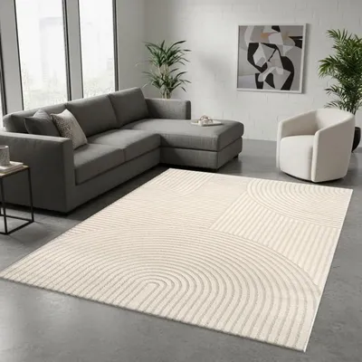 Produktbild von TapisTrend Designerteppich Beige 240x340 cm Moderner Teppich mit konzentrischen Bögen und erhabenen geometrischen Linien für Wohn- und Schlafzimmer