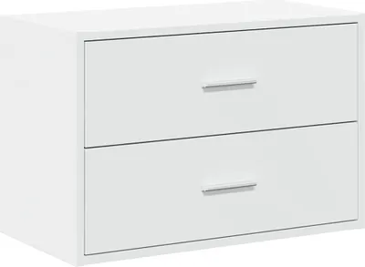 A white two-drawer cabinet on a white background.