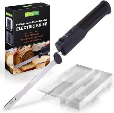 Produktbild von NutriChef Elektrisches Küchenmesser – Akku-Messer mit Edelstahlklingen, USB-C, 11,42″ Edelstahlklingen, Schwarz