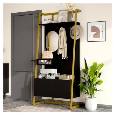 Produktbild von Moderne Garderobenset mit Spiegel, Metallhaken und Sitzbank | Multifunktionale Kompaktgarderobe | Flurgarderobe 78 x 38,5 x 180,5 cm | Garderobenschrank für kleine Räume, Flur und Eingangsbereich