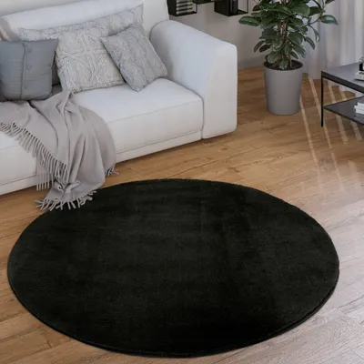 Produktbild von Teppich Kurzflor waschbar Unifarben Wohnzimmer schmutzabweisend Schwarz Rund 120D | 100% Polyester | Florhöhe: 10 mm | pflegeleicht