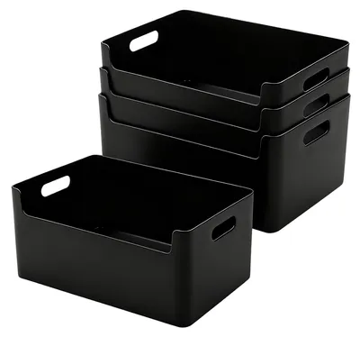 Produktbild von Set mit 4 Aufbewahrungsboxen aus Kunststoff, schwarz, 26x18x13,5 cm, Organizer mit Bodenfront, Kunststoffkorbsystem für Badezimmer, Küche, Büro, Regal (4)