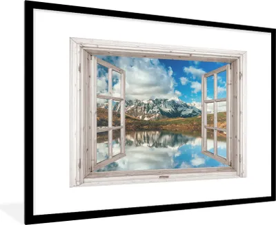 Produktbild von MuchoWow® Gerahmtes Poster Aussicht - Berg - Wasser 90x60 cm - Poster mit Schwarzem Bilderrahmen Wandposter Rahmen Foto Bilder - Wanddekoration - Fotos