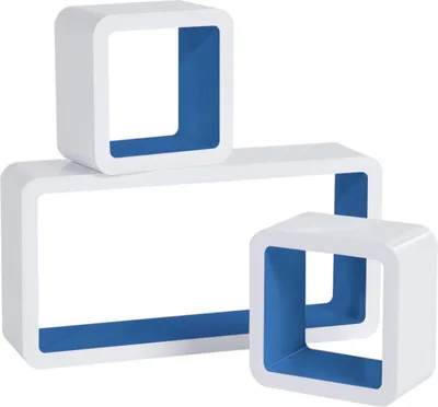 Productafbeelding van Wandplank Cube – Donkerblauw/Wit – Zwevend – Set van 3 – Geschikt voor fotolijsten en boeken