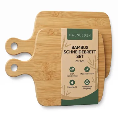 Immagine prodotto di hausleben: Set da 2 taglieri in bambù con foro per il manico – Taglieri in legno robusti da 25x17,5 cm, ideali per la colazione – Piccoli taglieri e vassoi da cucina per un utilizzo senza sforzo