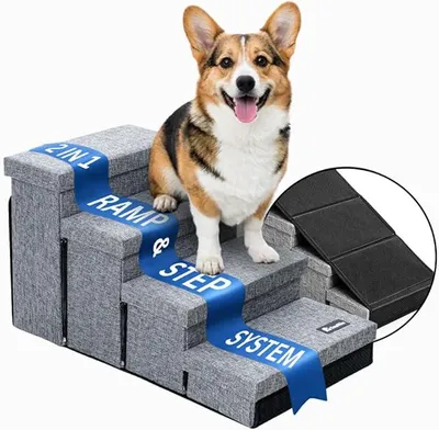Produktbild von Snuffilo 3 in 1 Hunderampe mit 4 STAURAUM-FÄCHER – Praktische Aufbewahrung für Hundespielzeug, Decken & Zubehör direkt in der Treppe integriert