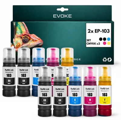 Produktbild von Evoke kompatible Tinte für Epson 103 XXL 10x 2x CMYKK:4x Schwarz+2x Cyan+2x Magenta+2x Gelb 700 ml 63000 Seiten L1100 1200 1210 1250 3100 3110 3111 3116 3150 3151 3156 3160 3200 3210 3211 3250 3251 3256 3260 3266 5190 5200 5290 5296