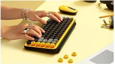 Zdjęcie produktu dla Logitech POP Keys, Mini, Bezprzewodowy, Bluetooth, Mechaniczna, QWERTY, Czarny, Szary, Żółty