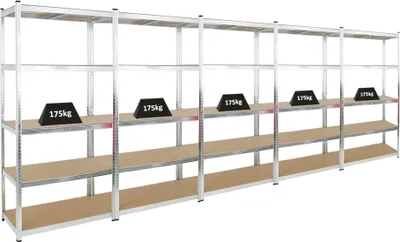 Produktbild von Mega Deal | 5x Schwerlastregal Giant Ragnar | HxBxT 200x100x50cm | 5 MDF-Platten-Ebenen | Fachlast 175kg | Verzinkt