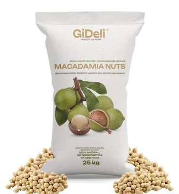 Obrázok produktu pre Orechy makadamové, drvené, 25 kg. Nesolené, vhodné na surovú konzumáciu. Ideálne do müsli, na pečenie. GiDeli