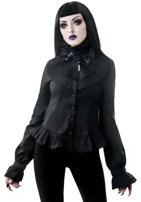 Produktbild von Hemdbluse Delia XL mit Rüschenkragen, Satin Schleife und gerüschtem Saum im Gothic Chic