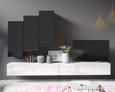 Produktbild von Wohnwand Amanda XI Breite 300cm Anbauwand Moderne Schrankwand TV-Schrank (Schwarz matt + Schwarz Hochglanz Fronten / Weiß matt + Weiß Hochglanz Fronten)