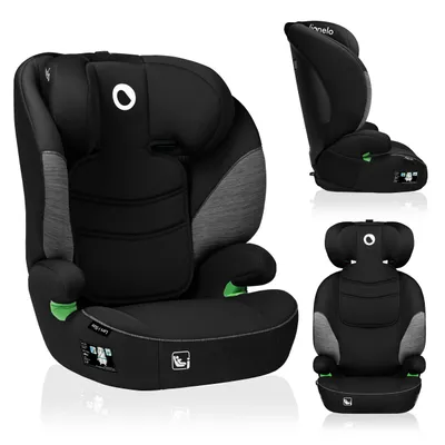 A black and gray car seat is displayed from multiple angles against a white background.