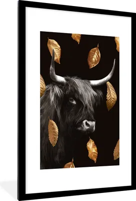 Produktbild von MuchoWow® MuchoWow® Gerahmtes Poster Schottisches Hochlandrind - Gold - Blätter 60x90 cm - Poster mit zchwarzem Bilderrahmen - Dekoration - Wandposter Wohnzimmer - Hochwertig