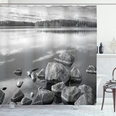 Produktbild von ABAKUHAUS Schwarz und weiß Duschvorhang, Felsen Im Wasser Am Ufer Der See Herbst Isolierungs Ruhe Umwelt, 175 x 220 cm, Weiß Schwarz