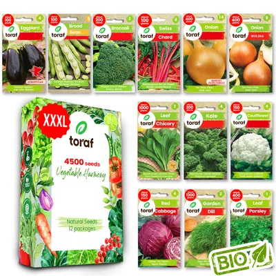 Obrázok produktu pre Toraf semená zeleniny XXL set 4500 semien 12 druhov brokolica cibuľa karfiol kel kôpor petržlen pre záhradu a balkón