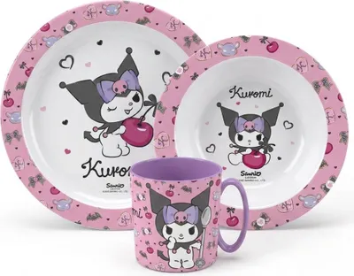 Produktbild von Hello Kitty Kuromi Kinder Geschirr-Set 3 teilig Becher (350 ml) Teller Schüssel