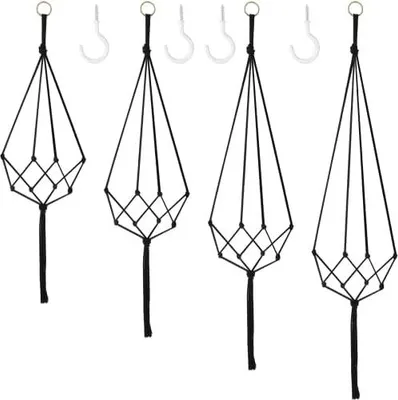 Produktbild von Augshy 4er Set Makramee Blumenampel,Boho Deko Baumwollseil Hängeampel Blumentopf Pflanzen Halter Aufhänger für Innen Außen Decken Balkone Wanddekoration (Schwarz)