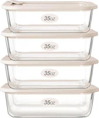 Imagen del producto de Recipientes herméticos de vidrio con tapa de vidrio, aptos para microondas, juego de recipientes herméticos para alimentos, a prueba de fugas, 100% libres de plástico, color blanco, juego de 4 unidades