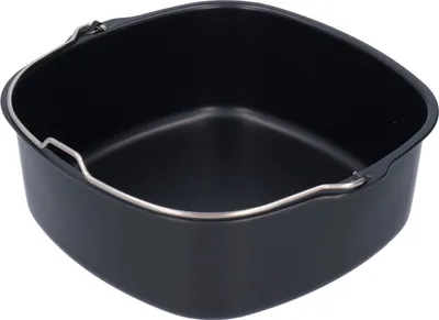 A black baking pan with silver handles, isolated on a white background.