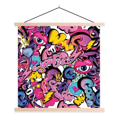 Produktbild von MuchoWow® Textilposter Design - Superstar - Cool - Muster - Lippen - Kinder 60x60 cm mit holzfarbenen Rahmen - Wanddekoration