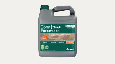 A gray plastic jug of Bona Home Parkettlack Classic Versiegelung matt 4 Liter.