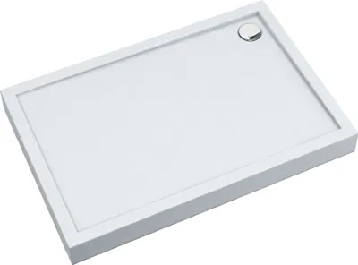 A white rectangular shower tray with a silver drain cover.