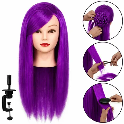 Immagine prodotto di Testa da allenamento Iza 60 cm viola, con capelli in fibra termica e morsetto, per parrucchieri e acconciature, Immagine generata dall'IA