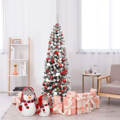 Produktbild von COSTWAY 180cm Bleistift Weihnachtsbaum mit Schnee und 250 warmweißen LED-Leuchten, künstlicher Tannenbaum mit Metallständer, Christbaum 500 Spitzen PVC Nadeln, Kunstbaum Weihnachten Klappsystem Grün