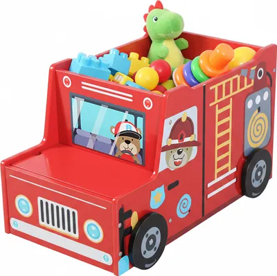 Produktbild von Relaxdays Spielzeugkiste Feuerwehr, Kinderzimmer, HBT: 34 x 60 x 32 cm, Spielzeugbox mit Stauraum & Geheimfach, MDF, rot