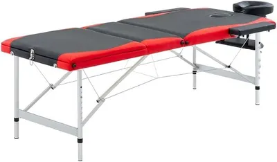 Produktbild von Klappbare Massageliege 3 Zonen mit Aluminiumgestell, schwarze und rote Behandlungsliege mit Kopfstütze, Armlehnen und Tragetasche für Massage, Wellness, Spa, Studio und Praxis