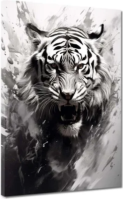 Produktbild von Tiger schwarz weiß Leinwandbild Wandbild Kunstdruck XL Wanddeko abstrakt: 60x80x4cm
