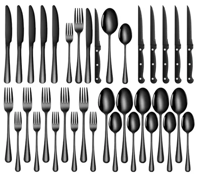 Image de Ensemble de couverts de 36 pièces - Acier inoxydable noir - Pour 6 personnes, comprenant des couteaux à steak