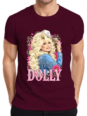 Productafbeelding van Dolly Parton, landelijke muzieklegende, cowgirl, western, retro, zangeres, heren T-shirt, bordeauxrood, maat XL