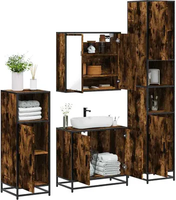 Produktbild von Design 4-tlg. Badmöbel-Set Räuchereiche Holzwerkstoff, Badezimmerschränke Neu
