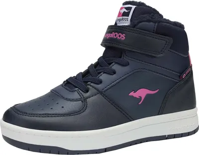 A single blue high-top sneaker with pink accents.