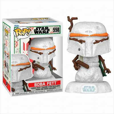 A Funko Pop! Star Wars Boba Fett bobble-head figure, designed as a snowman, is shown in its packaging and displayed next to the packaging.