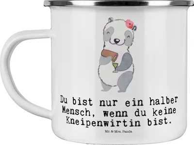 Produktbild von Mr. & Mrs. Panda Pott Kneipenwirtin Herz - Weiß - Geschenk, wandertasse, Emaille Tasse, Teetasse, Kneipe, Gaststätte, Bar, Becher, Rum