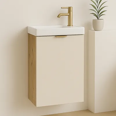 Produktbild von WENA Waschtischunterschrank mit Waschbecken 40 cm, gerade Fronten, Griffe aus Metall in der Farbe Gold (Farbe: Kaschmir/Eiche)