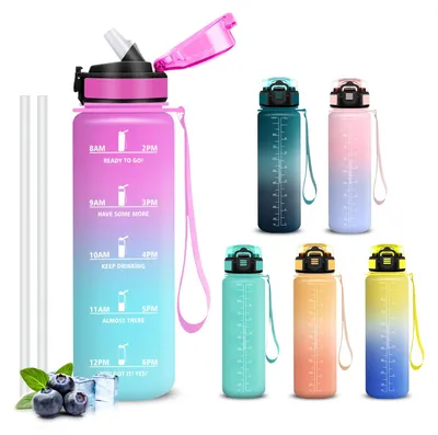 Produktbild von Trinkflasche 1l auslaufsicher mit Strohhalm, Zeitmarkierung, Sport, Outdoor