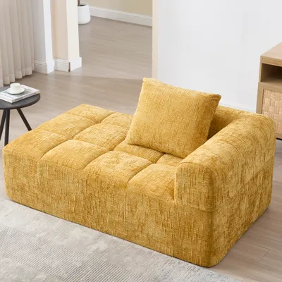 Image de Sweiko Canapé chaise longue confortable, pas d'assemblage nécessaire, canapé moelleux avec coussin, poches latérales pour télécommande et téléphone portable, ordonné et élégant, jaune